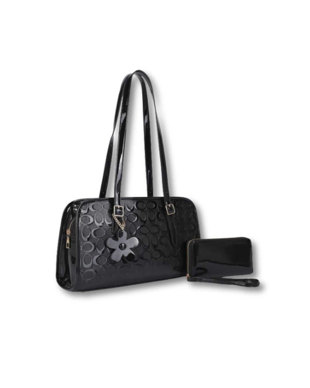 ALYSSA 2IN1 OVAL PRINT FLOWER HANDLE SHOULDER BAG W WALLET SET BLACK