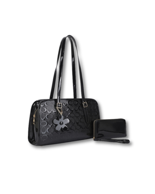 ALYSSA 2IN1 OVAL PRINT FLOWER HANDLE SHOULDER BAG W WALLET SET BLACK