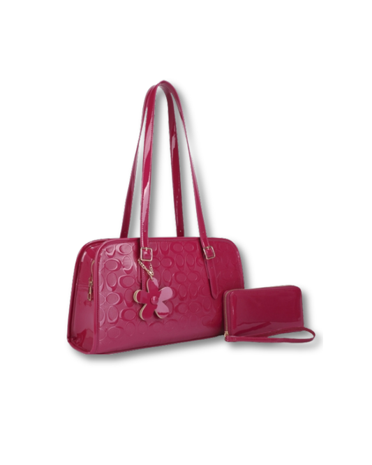 ALYSSA 2IN1 OVAL PRINT FLOWER HANDLE SHOULDER BAG W WALLET SET FUSCHIA