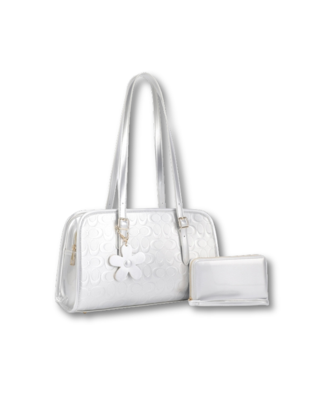 ALYSSA 2IN1 OVAL PRINT FLOWER HANDLE SHOULDER BAG W WALLET SET SILVER